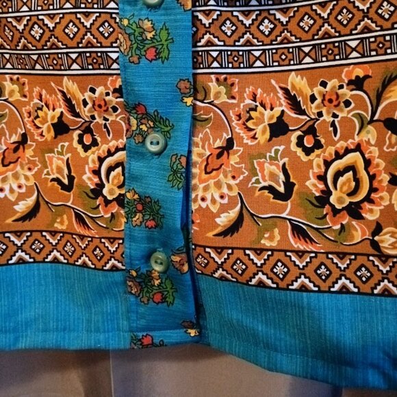 Nwt Tuxedo Ruffle Front Blouse Top M Blue Rust floral Button Up Tank Mandarin - Picture 5 of 10